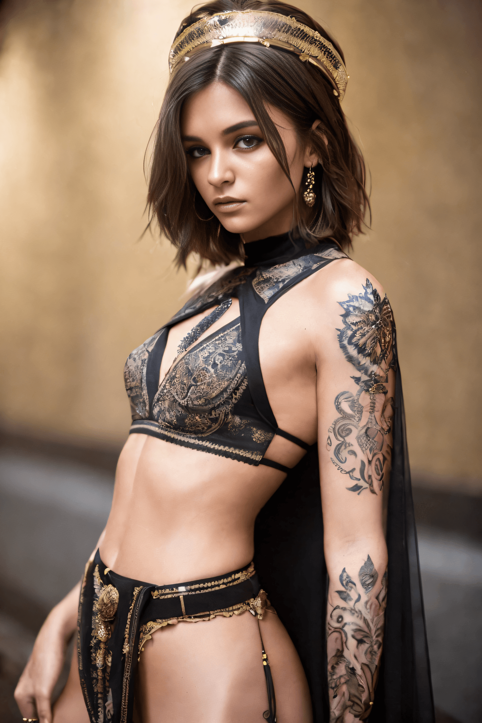 AI generated: photograph, concept art, Adroit Enticing supermodel, (wearing intricately detailed isf:1.5) , (short...