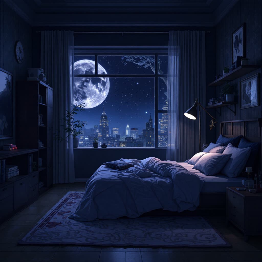 AI generated: dark anime bedroom background 