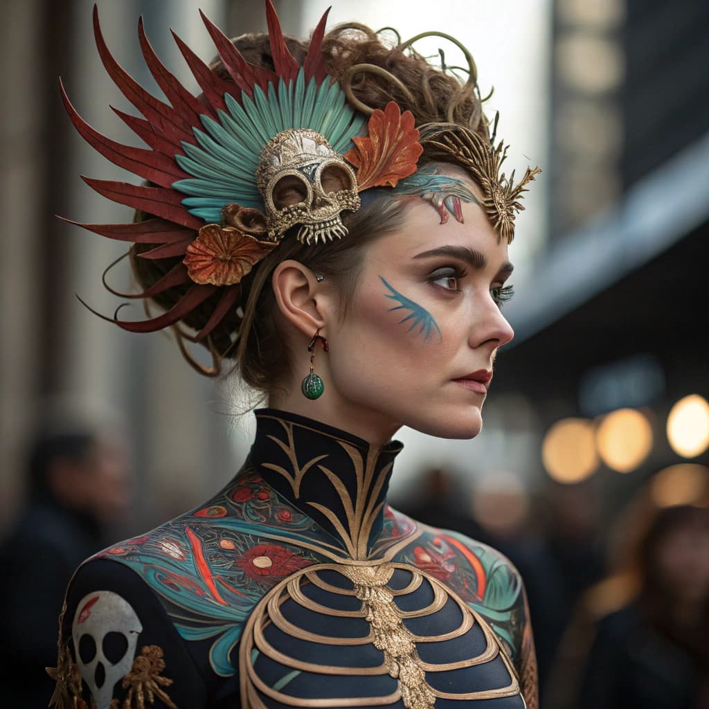 AI generated: Goddess close-up portrait ribcagel. jellyfish phoenix head, nautilus, orchid, skull, betta fish, bio...