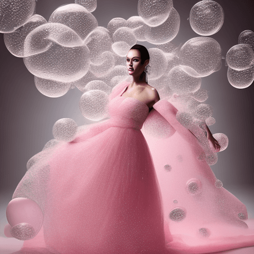 AI generated: fashion editorial photo of a model with a lot of bubbles in light pink evening dress poses in photos...