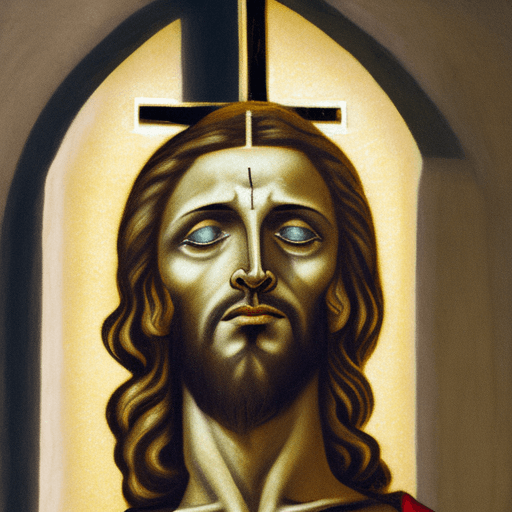 AI generated: A realistic image of Jesus Christ crucified with his face while looking down at you, shows only comp...