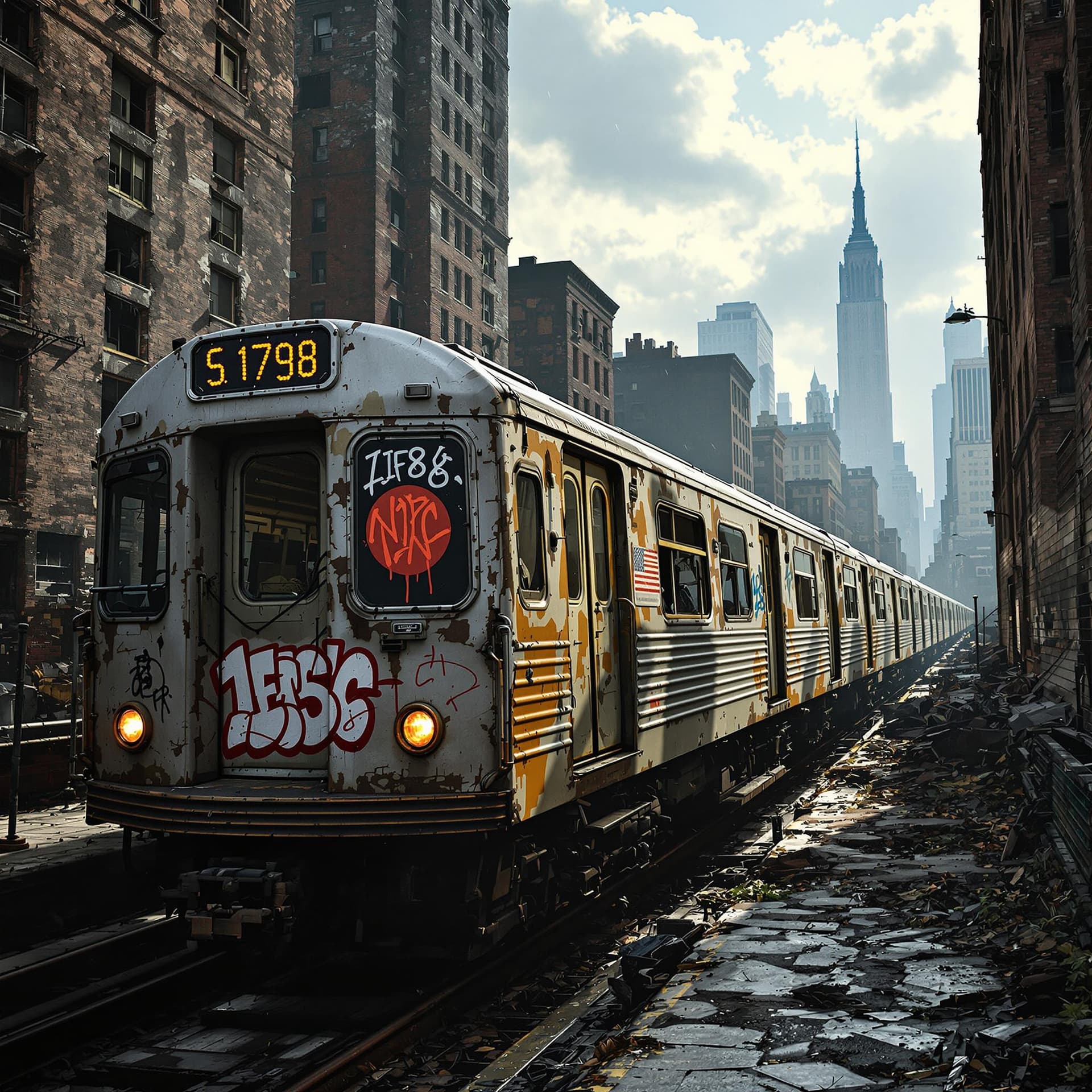 AI generated: side view with the front of the train visible of an old 1980 nyc subway car with a little graffiti o...