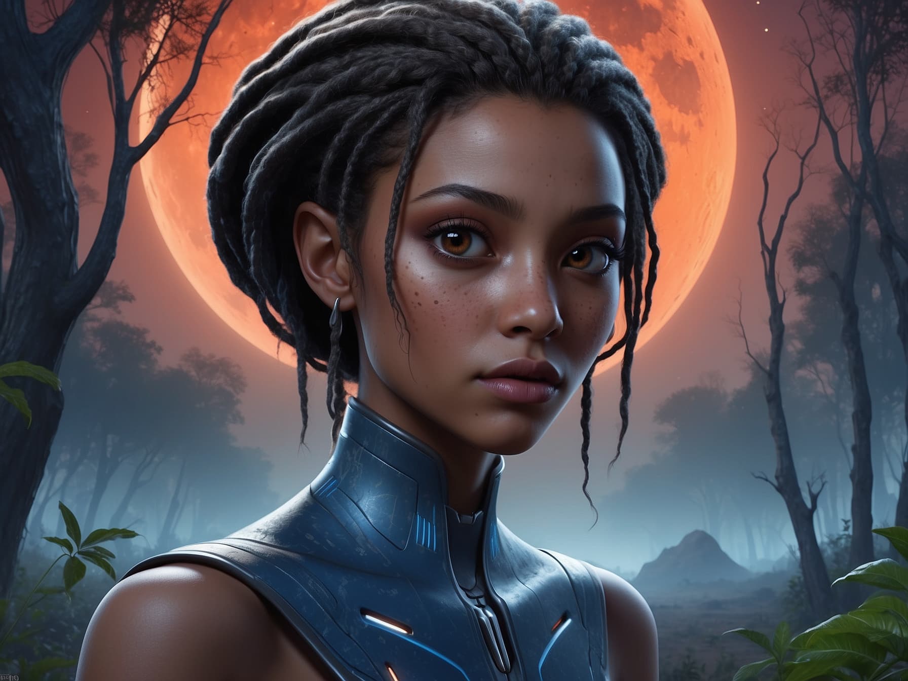 AI generated: a woman with dreadlocks standing in front of a full moon, cyberpunk art by Magali Villeneuve, featur...