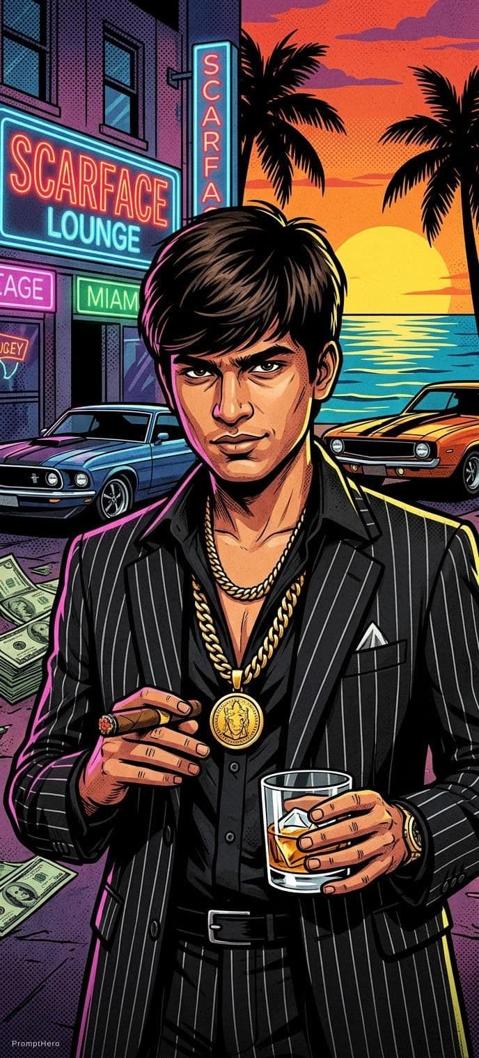 AI generated: Full-body illustration of Al Pacino in a stylized 1980s Miami setting. He's wearing a pink wide-coll...