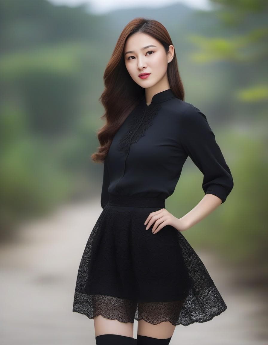 AI generated: A pretty model wearing a black blouse with a black lace skirt and black knee-length stockings, real ...