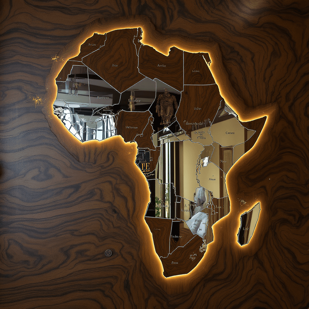 AI generated: A beautifully crafted wooden slab in the shape of the African continent, featuring individual countr...