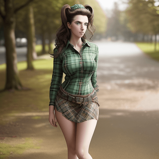 AI generated: A full Body Photo of a beautiful brunette Scottish girl, green eyes, messy beehive hair style, natur...