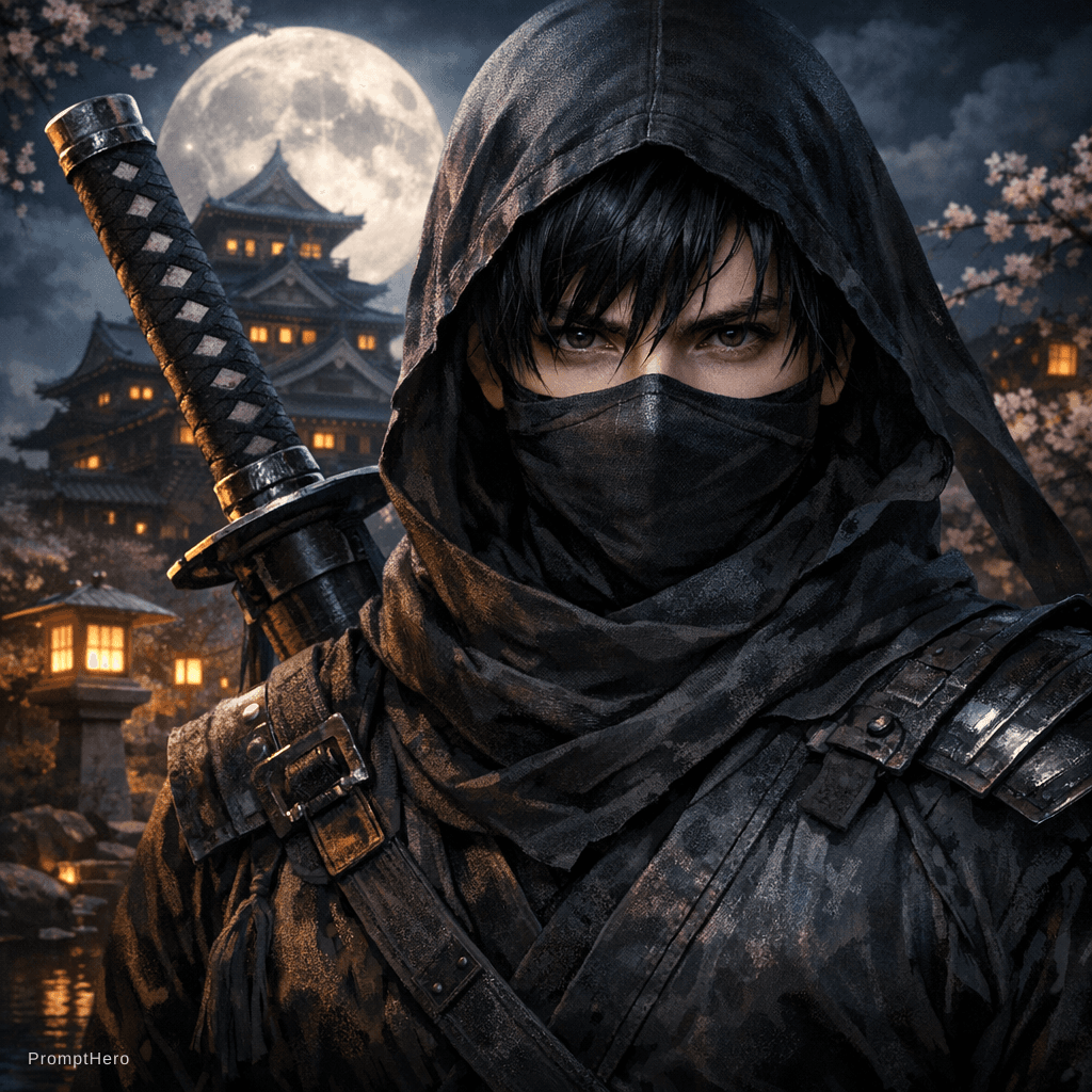 AI generated: a close up digital fantasy artwork featuring male ninja character. he has pale skin with black hair....