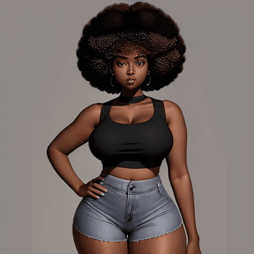AI generated: An image of a dark skin woman with voluminous afro hair and a big booty, standing confidently and. S...