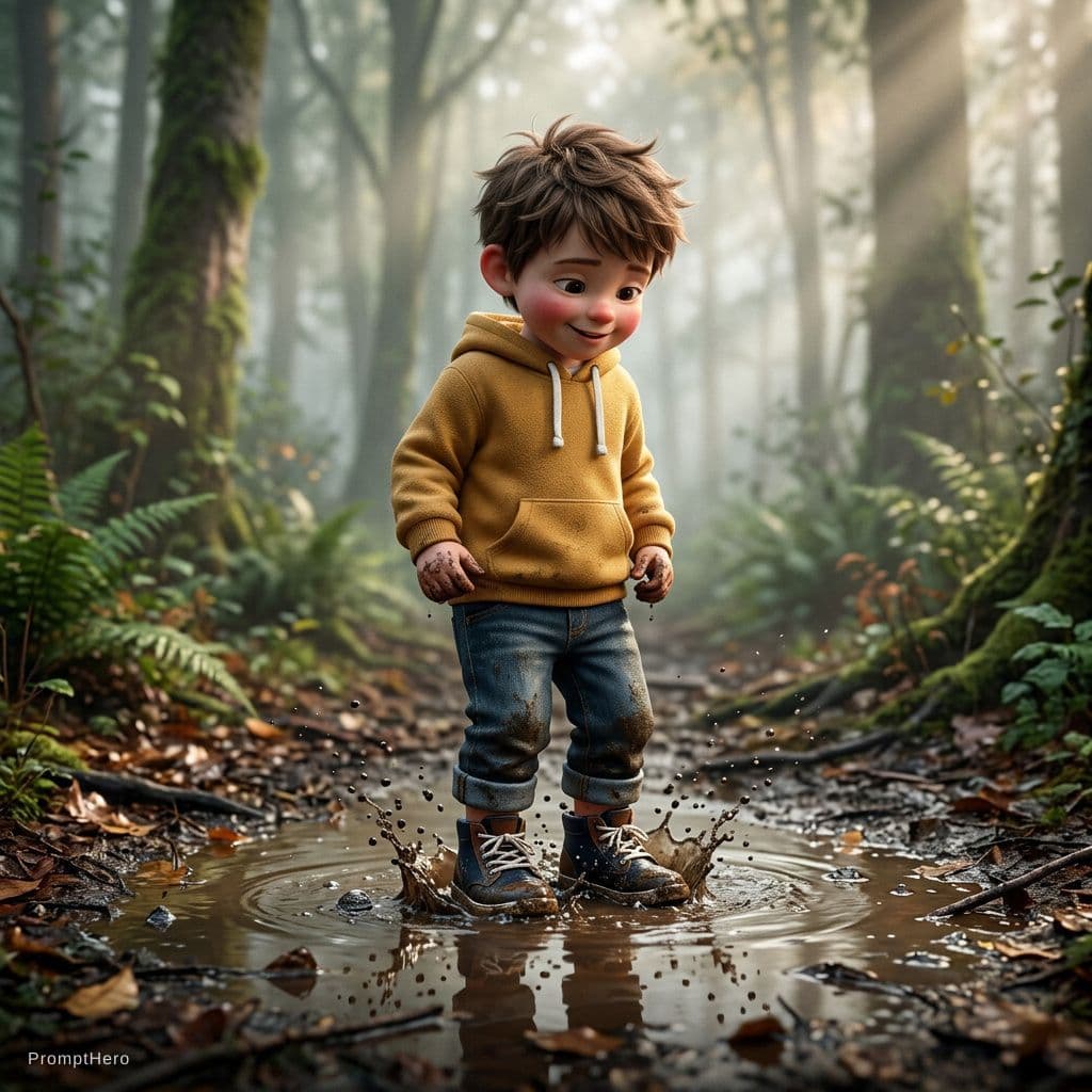 AI generated: Cute stylized 3D little boy standing in a shallow muddy puddle in a misty forest, close-up on boots ...