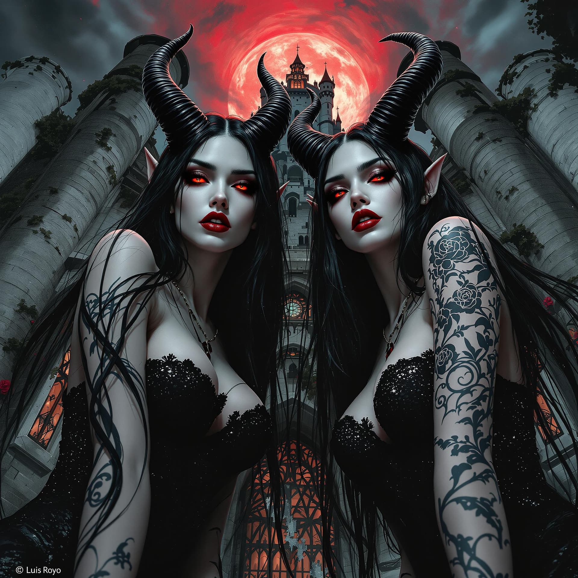 AI generated: Comic book cover, full body shot, bottom view, low angle of two young beautiful gorgeous supermodel ...