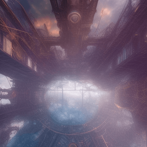 AI generated: sprawling steampunk underwater floor,distant color hazel thunderstorm,looking into up into outer spa...
