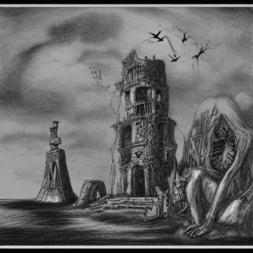 AI generated: A pencil sketch poster of the island of the dead, comic style, human skull figures and creatures of ...