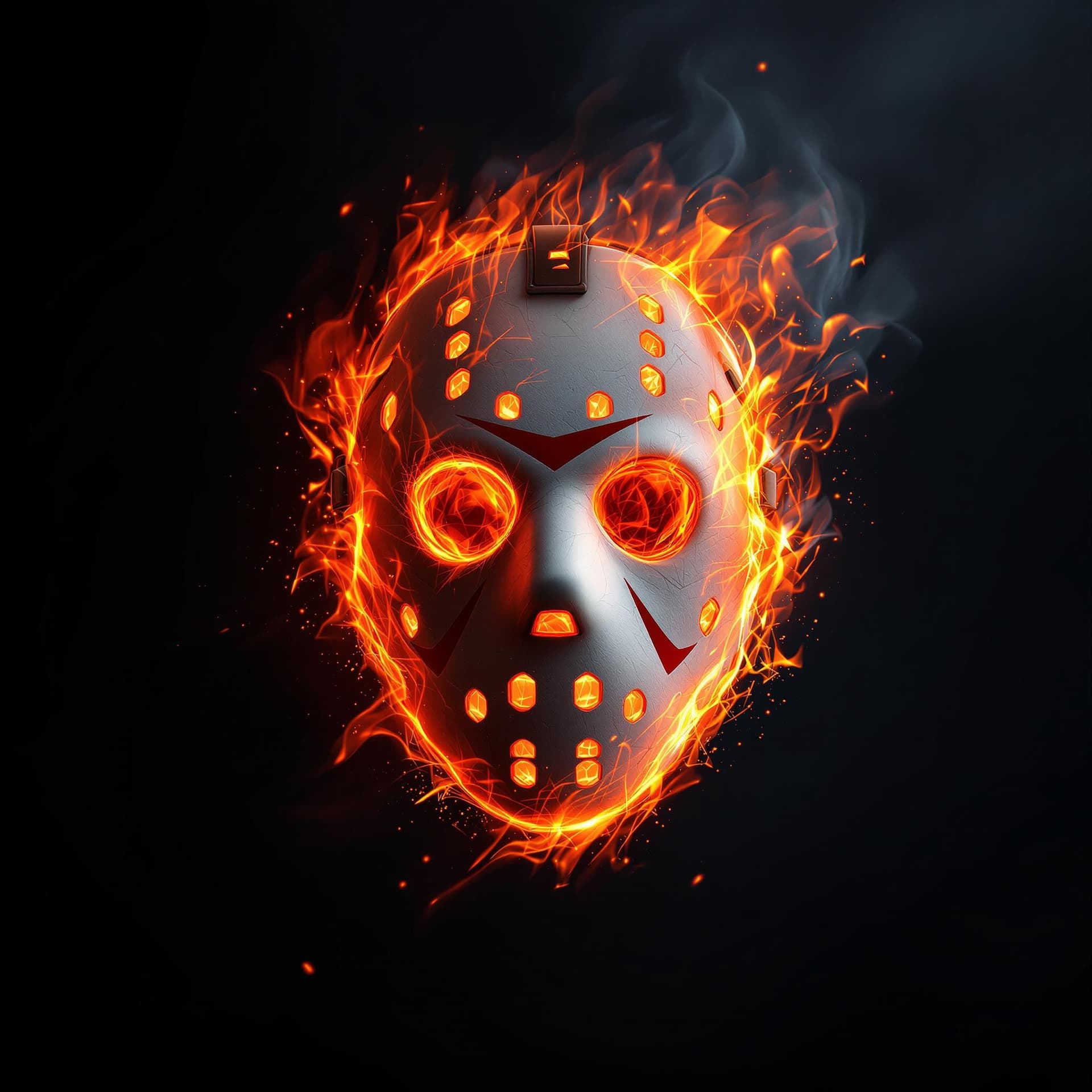 AI generated: a white hockey mask engulfed in flames with a dark abstract background, cinematic, hyper realism, hi...