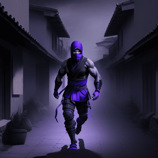 AI generated: Male ninja on a inflitration mission inside a village, dramatic lighting, ink style, purple and blue...
