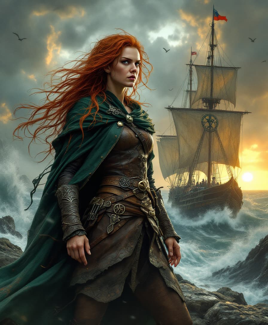 AI generated: Gráinne O'Malley, the legendary Irish pirate queen, stands defiantly at her rugged sea port, her sta...