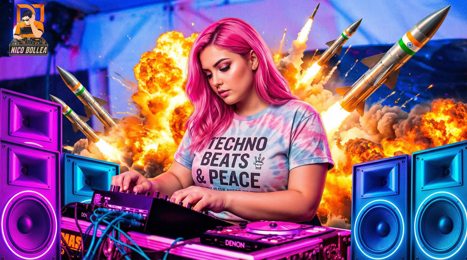 AI generated: Dynamic, vibrant collage depicting a stunning Curvy female DJ in a nightclub setting juxtaposed with...