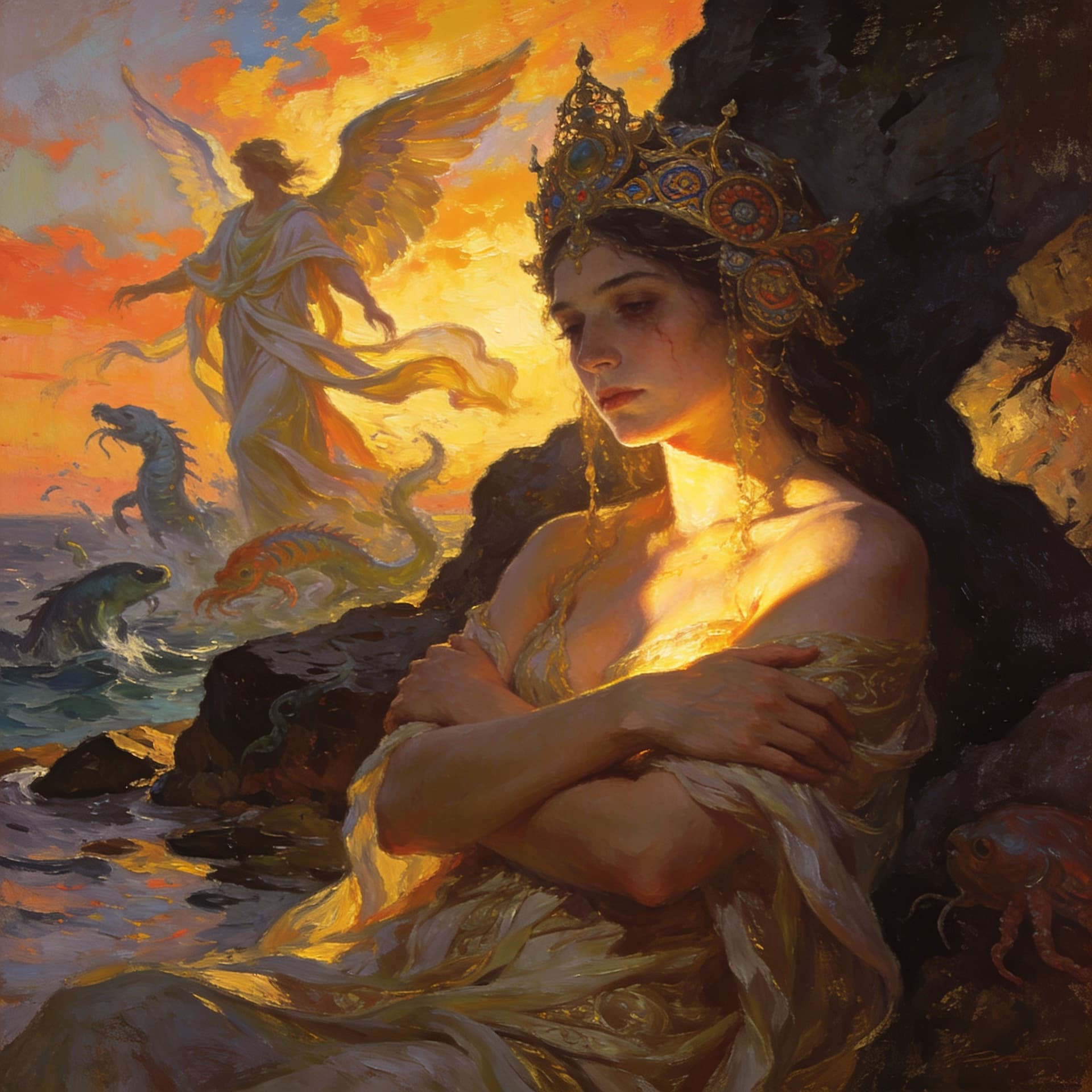 AI generated: 

Subject Matter: Focus on the central figure, capturing her pose, expression, and the details of he...
