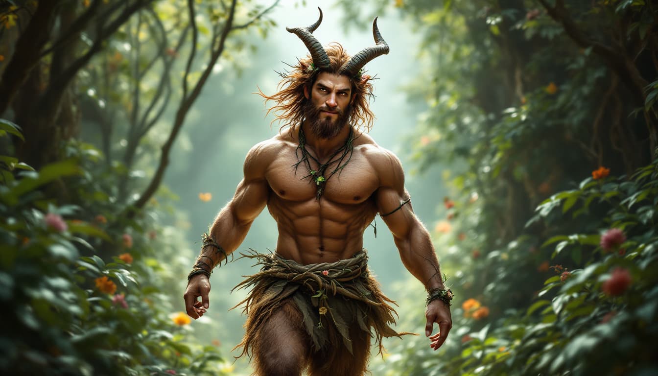 AI generated: Visualize a satyr roaming through an enchanted hidden valley, surrounded by lush jungle and magical ...