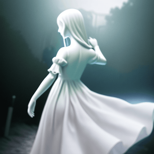 AI generated: A photo realistic girl in a white dress (facing away from the viewer) - reaching out towards a ghost...