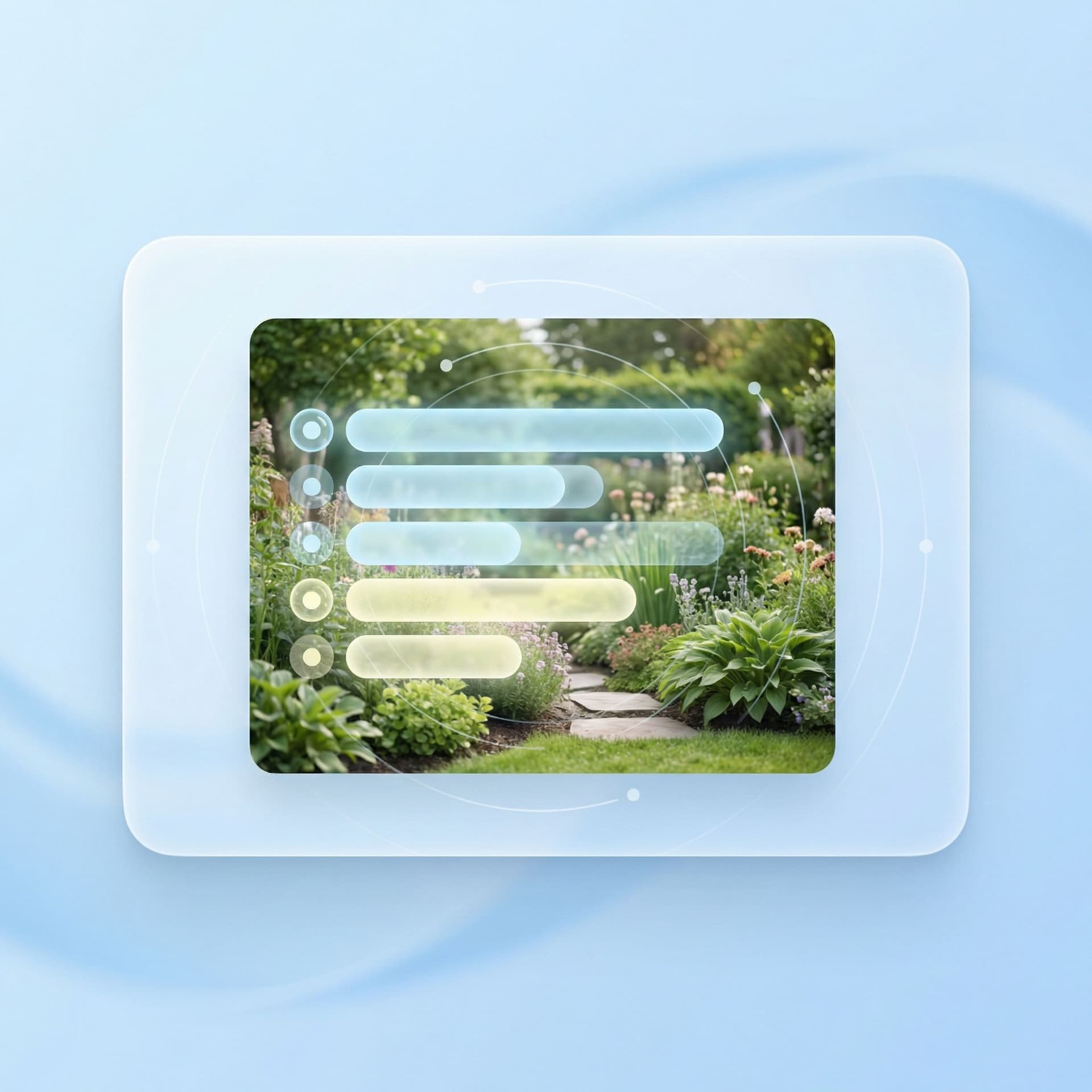 AI generated: Clean, modern AI tool thumbnail in a SaaS style. Centered rounded card showing a garden photo previe...