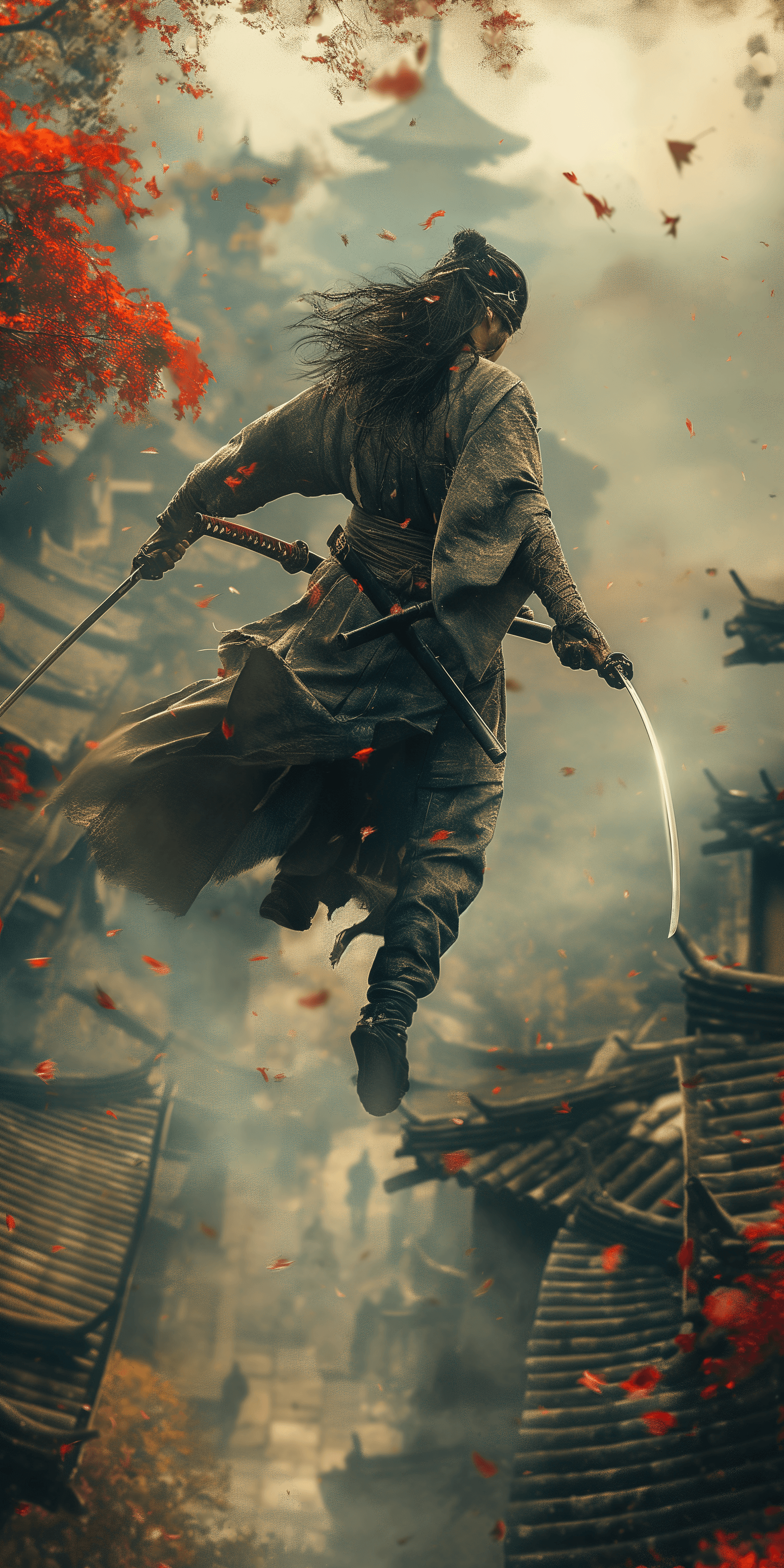 AI generated: ultra high-definition photo of a ninja with a sword drawn floating above the rooftops in ancient Jap...