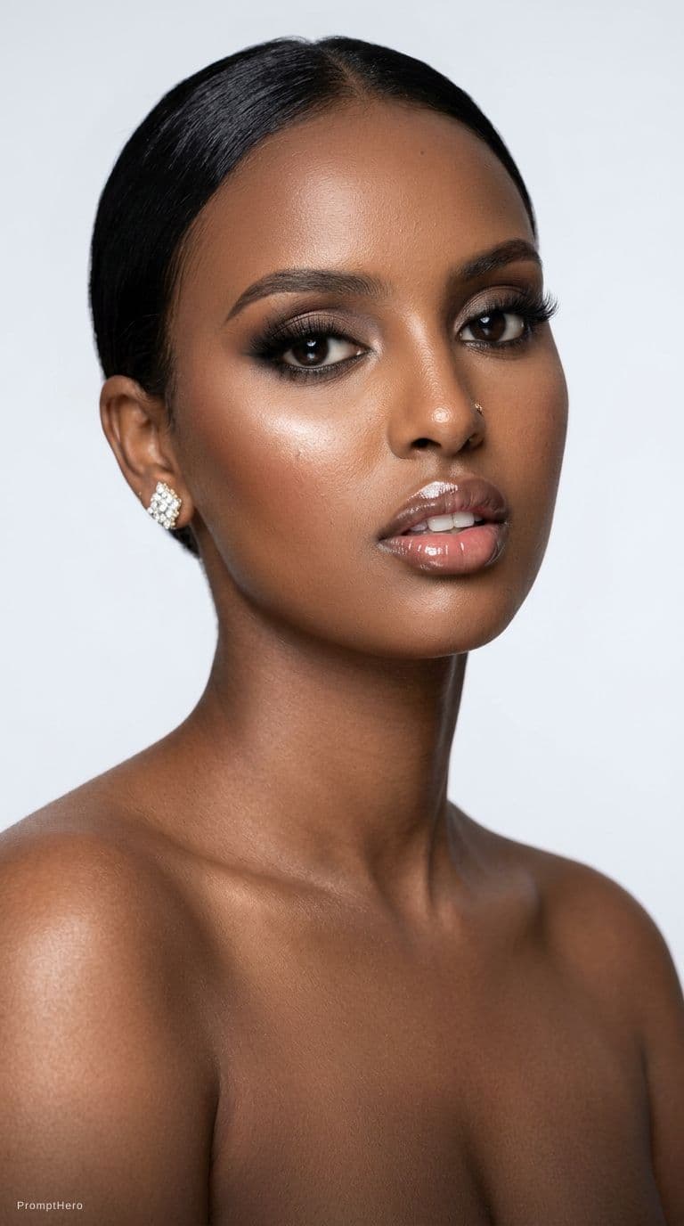 AI generated: A photograph of glamour makeup, created for a beauty magazine. The image captures the supermodel's f...