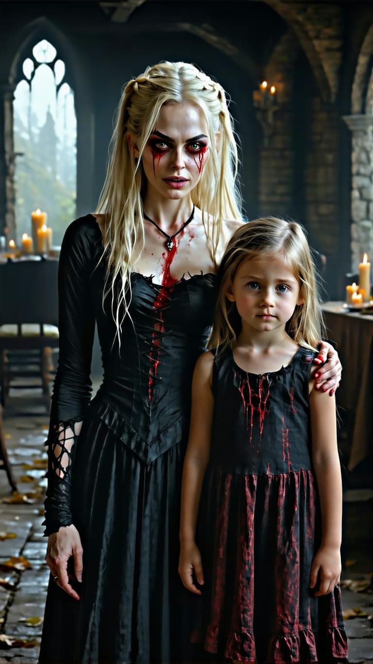 AI generated: A tween  female vampire, standing next  beautiful five year old girl, , with bite marks on her neck ...