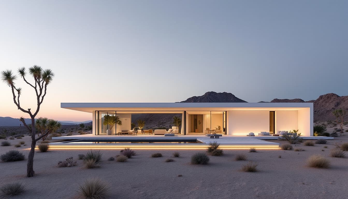 AI generated: 
minimalist modern villa in Mojave desert, archdaily front page, award-winning design, ultra realist...