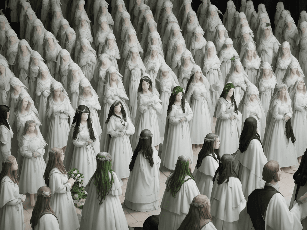 AI generated: Then appeared a most unusual sight: sixteen beautiful dark-haired maidens, arrayed all in white, eac...