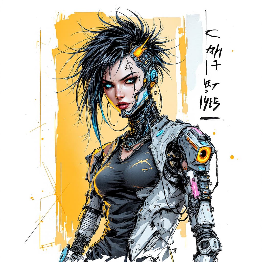 AI generated: Create an intricate sketch of a cyborg character, heavily influenced by punk rock aesthetics. The cy...