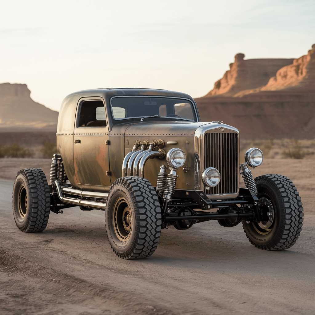 AI generated: All-terrain custom dieselpunk car, tmilitary tires, swing arms, suspension, exposed mechanical compo...