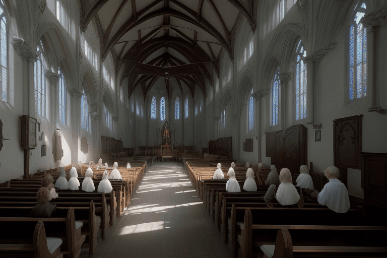 AI generated: souls resting in church hall, aetherial, heaven, souls talking