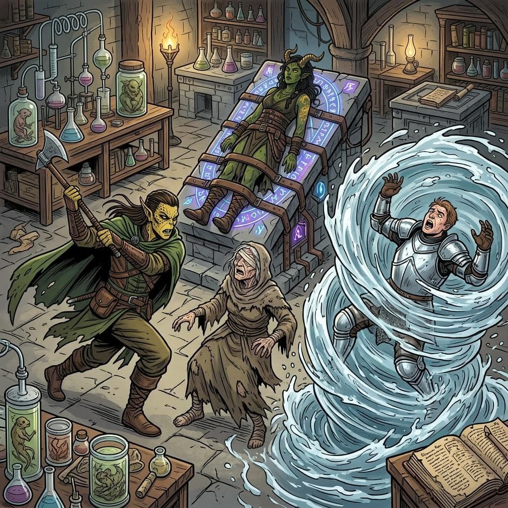 AI generated: a male githzerai ranger attacking a blind old woman with no eyes while a noble knight struggles as h...