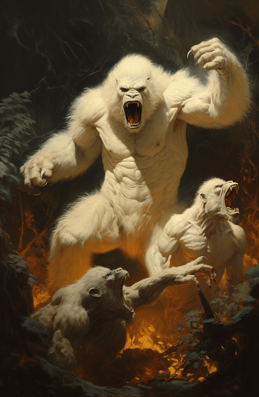 AI generated: A white gorilla fighting three lions in the style of Frank Frazetta and in the style of Boris Vallej...