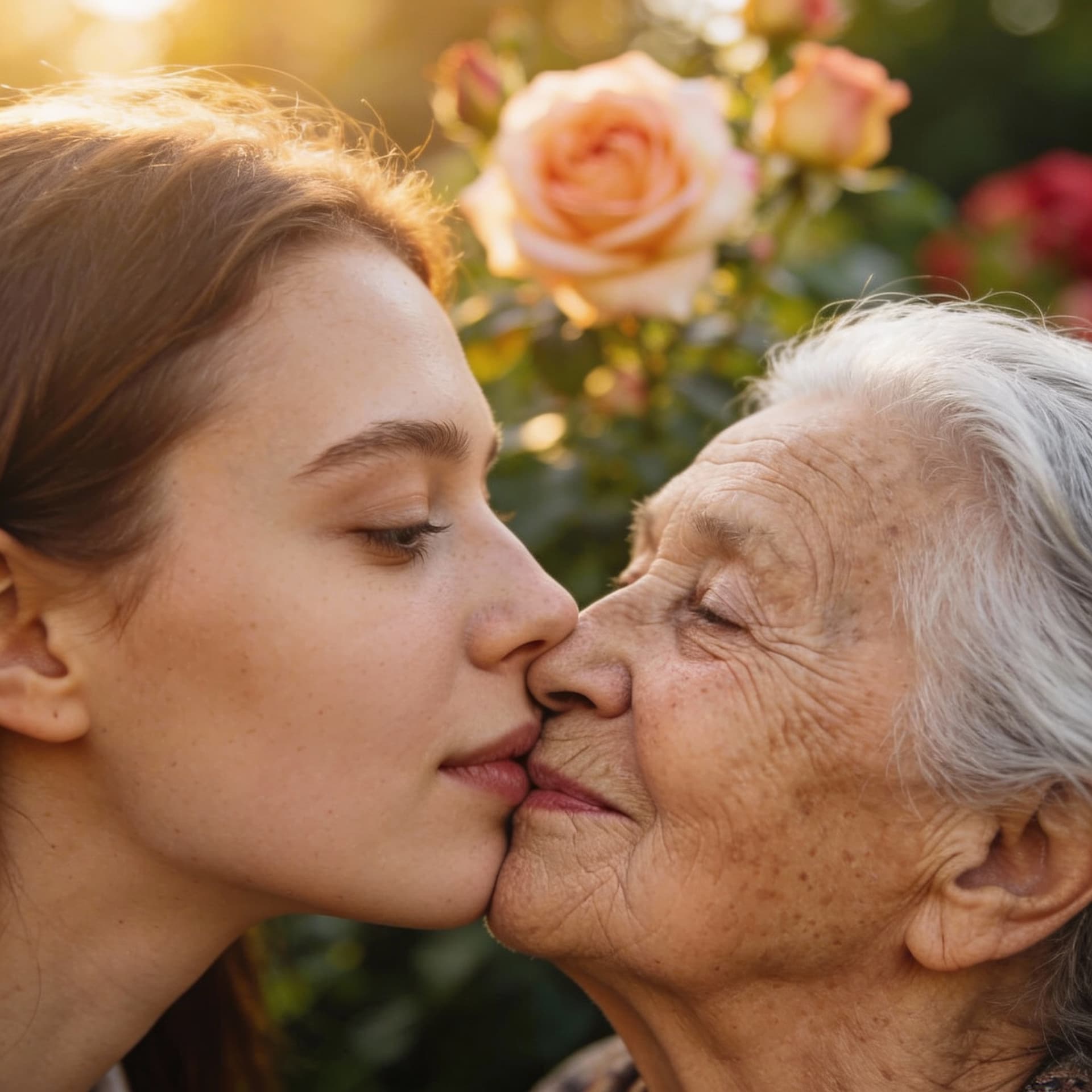 AI generated: a 90 years old granny kissing with a 21 yeasr old russian woman