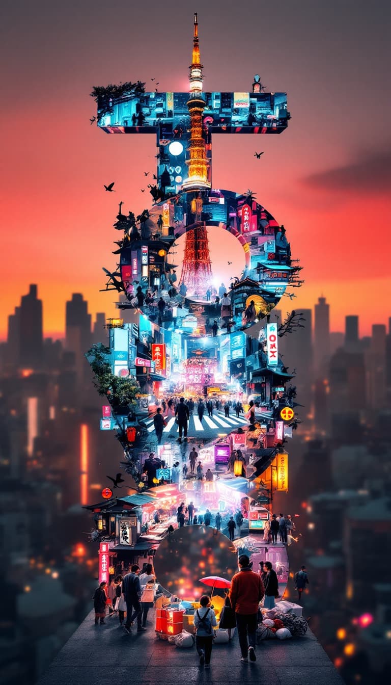 AI generated: A striking, high-contrast cinematic photo-style vertical collage that captures the essence of Tokyo....