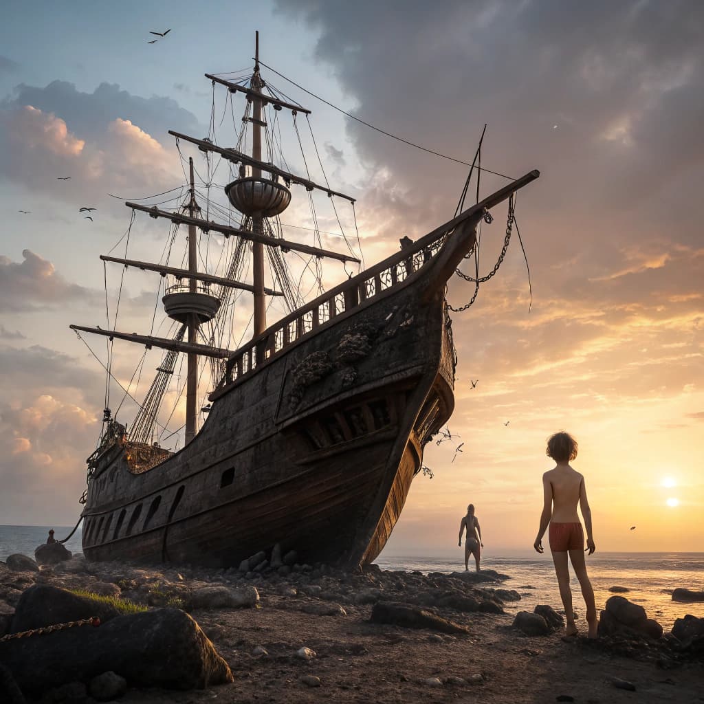 AI generated: Photo of a ultra realistic sailing ship, dramatic light, pale sunrise, cinematic lighting, battered,...