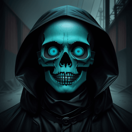 AI generated: Portrait of a man in a black raincoat, a head in a sad theatrical mask, turquoise big eyes, a skull,...
