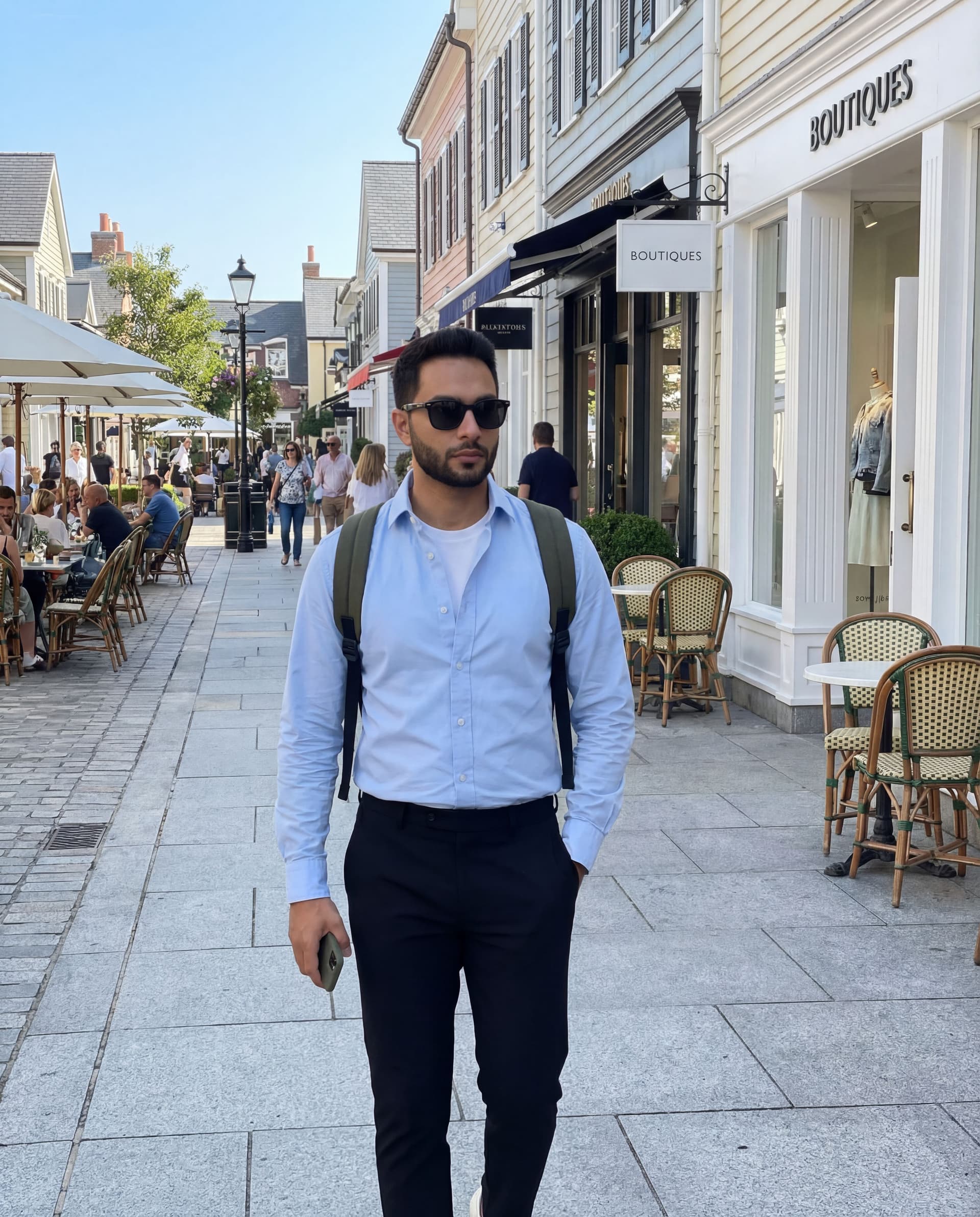 AI generated: The Hispanic male is 5'1" tall, he is walking on the sidewalk next to boutiques and restaurants in a...