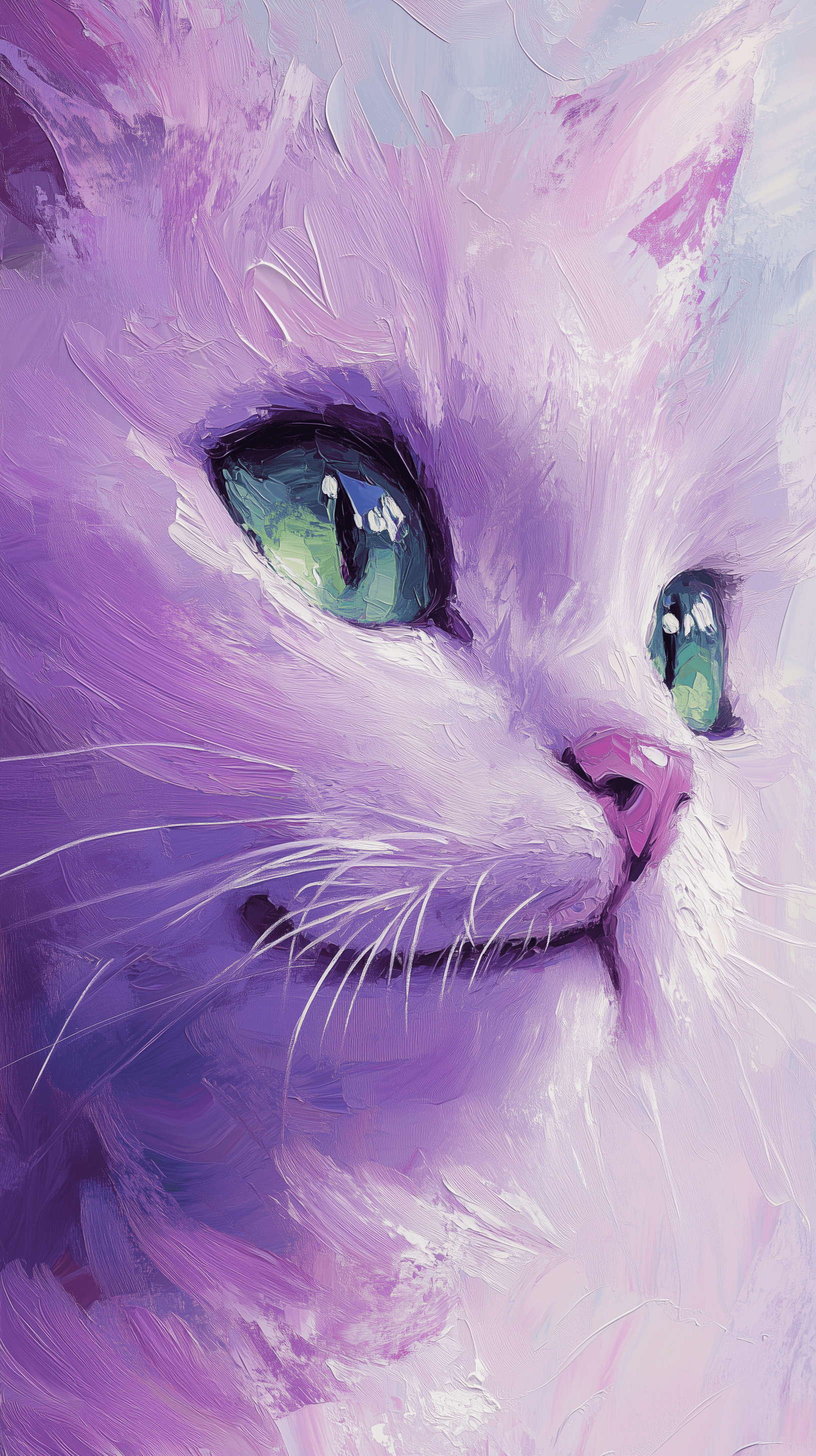AI generated: artistic, oil painting art, purple color cat face, emerald green eye, simplify, expressive eyes and ...