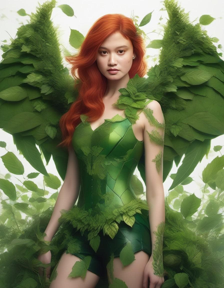 AI generated: ultra detailed photo shot of a woman (Jia Lissa) dressed as Poison Ivy, with wings made of ((grassy-...