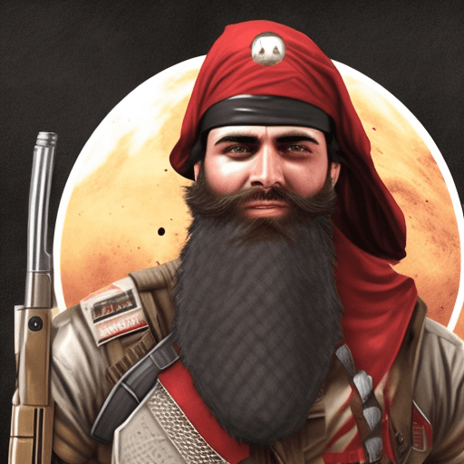 AI generated: hyper realistic mars soldier with a long weapon beard and dirty a war logo on his chest