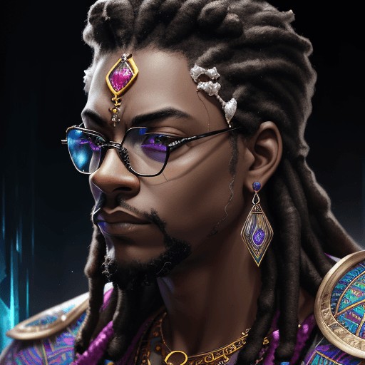 AI generated: Close-up portrait of a Rastaman King Wonder Man portrait using glasses and earring in ears from Anci...