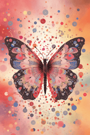 AI generated: A whimsical and playful multi-coloured butterfly design, on a pastel pink background, Pointillism ar...