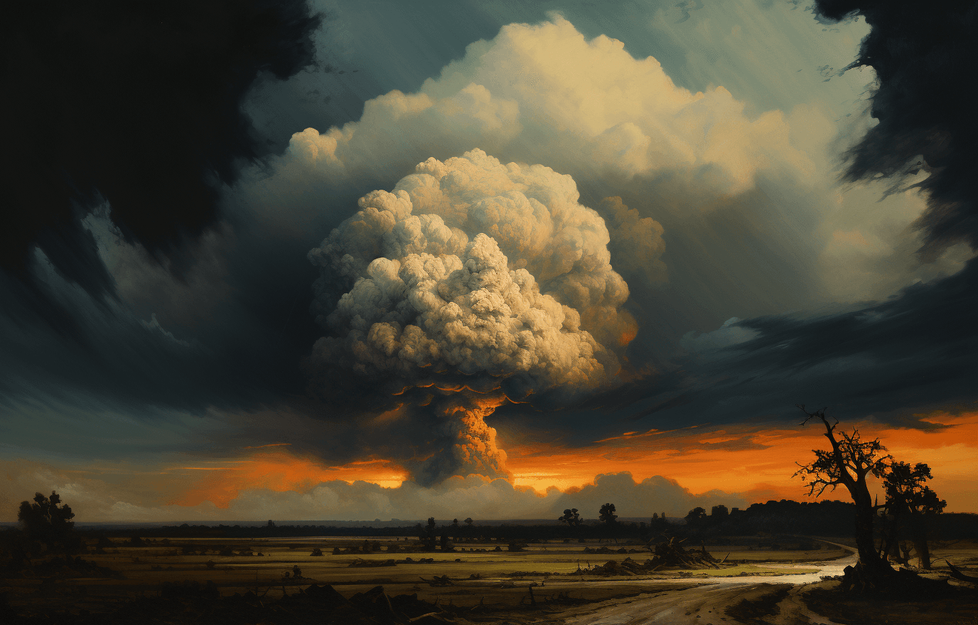 AI generated: A nuclear explosion on the horizon, painted in oil in the style of an unknown artist from outside. T...