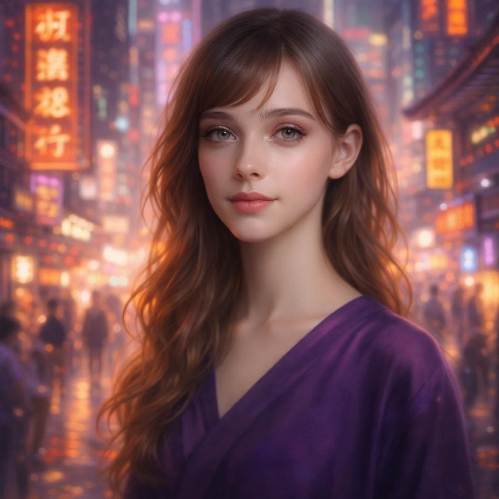 AI generated: a girl in a purple top in a neon city, in the style of chinapunk, iconic album covers, soft-focus po...