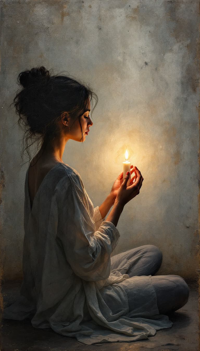 AI generated: Encaustic Painting, Textured Surfaces, Layered Wax, Intimate, Woman Holding a Candle Meditating, Ser...