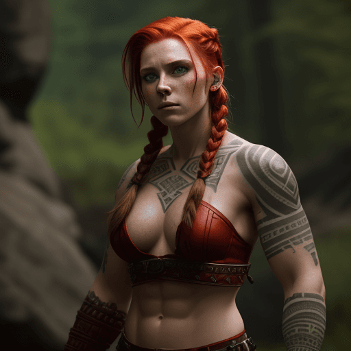 AI generated: cinematic film still, female, firce, Viking, red hair, braid, undercut, strong, abs, leather armor, ...
