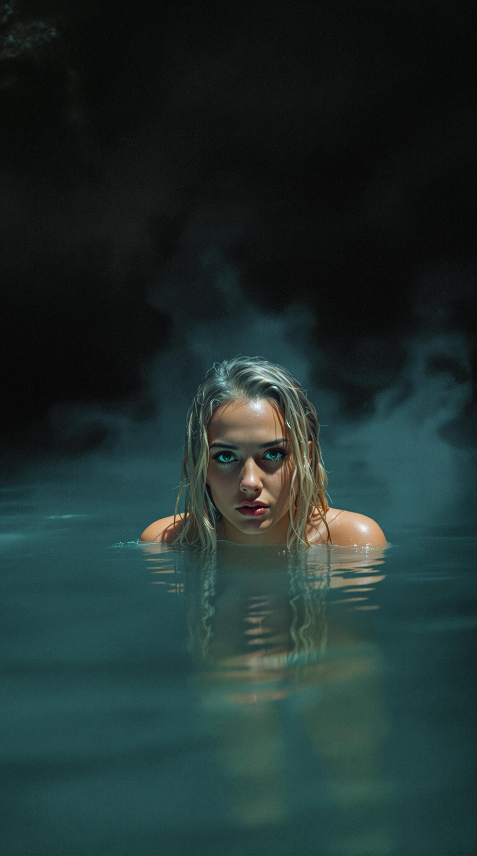 AI generated: hot spring inside a dimly lit cave, steam rises from the water, a woman with long wet blonde hair sw...